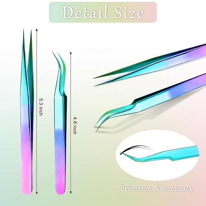 Mudder 6 Pcs Lash Tweezers High Precision Eyelash Tweezers for Lash Extension, Straight and Curved Tip, Stainless Steel for Volume Eyelash Cluster Tools Girls Women Beginners(Laser)