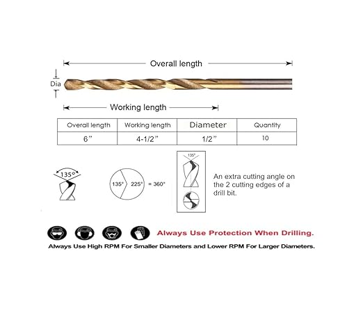 10PCS, 1/2", Titanium Coated Twist Drill Bits