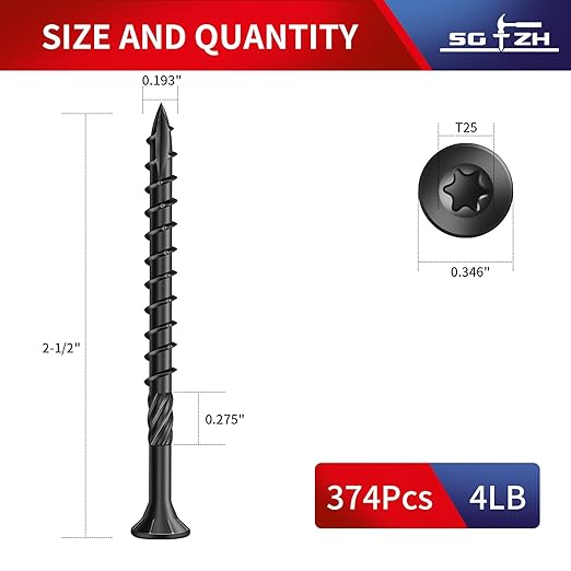 #9 x 2-1/2" Deck Screws (374Pcs) 4lb. Carbon Steel, Black, Flat Head, Rust Resistant epoxy Coated, with T25 Star Bit