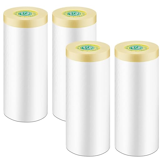 4 Rolls Painters Plastic with Tape, 8.9Ft x 89Ft Pre-Taped Masking Paper for Painting Automotive Masking Film Paint Adhesive Protective Film Roll for Painting Covering Walls Windows Auto Body