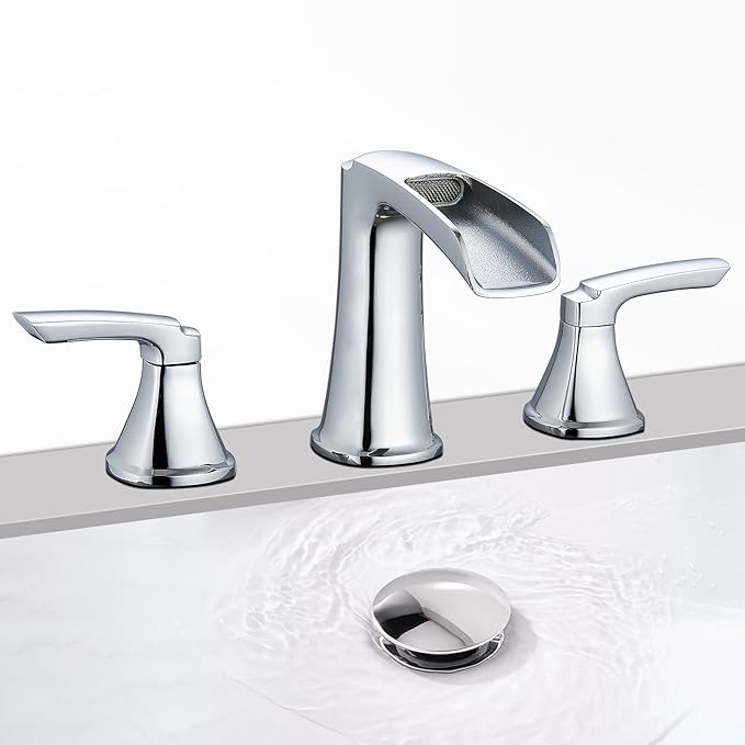 Chrome Waterfall Bathroom Faucet, Sanliv 3-Piece Widespread Bathroom Sink Faucets, 2-Handle Vanity Faucet for 3-Hole Sinks 4-8 Inch with Pop-Up Drain, ?랶olished Chrome