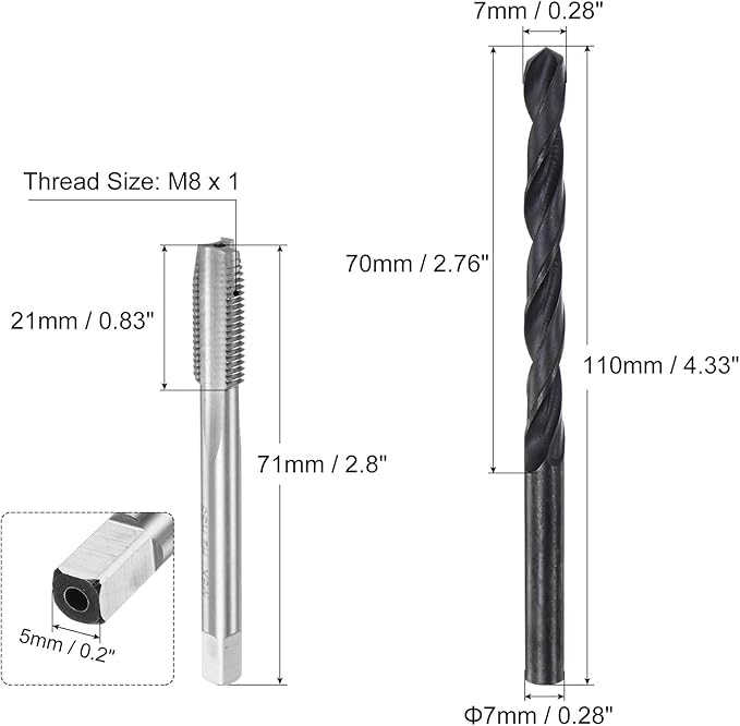 uxcell Metric Tap and Drill Bit Set, M8 x 1 Thread Tap & 7mm Black Oxide Twist Drill Bit, Straight Flute Tap Tapping Threading Repair Tool Kit