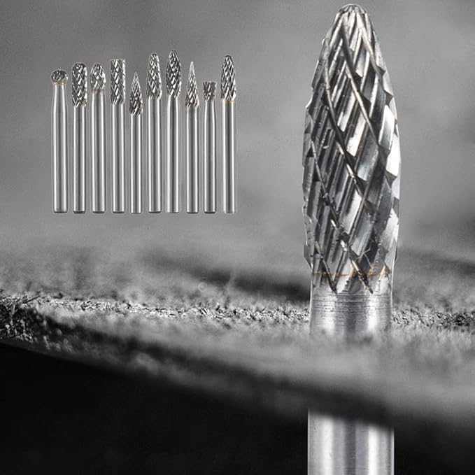 Carbide Burr Set 10PC 1/4" Shank ??6mm Tungsten Double Cut Carbide Rotary Burr Set for Metal and Wood Carving, Grinding, Polishing, Engraving, Drilling.