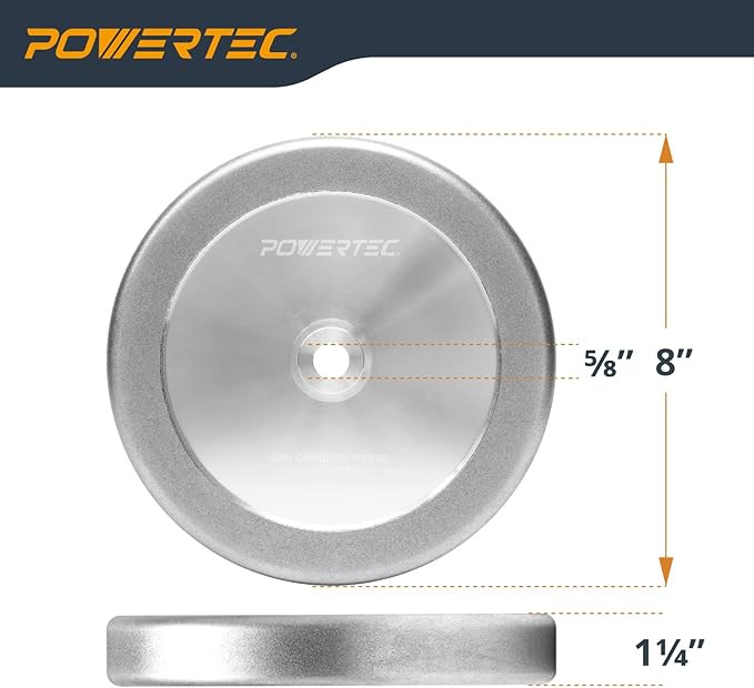 POWERTEC CBN Grinding Wheel 8 Inch 180 Grit, 1-1/4" Wide, 5/8" Arbor ??4-in-1 CBN Sharpening Wheel with 1/4" Radius Edge and Side Face for Bench Grinder (15702)