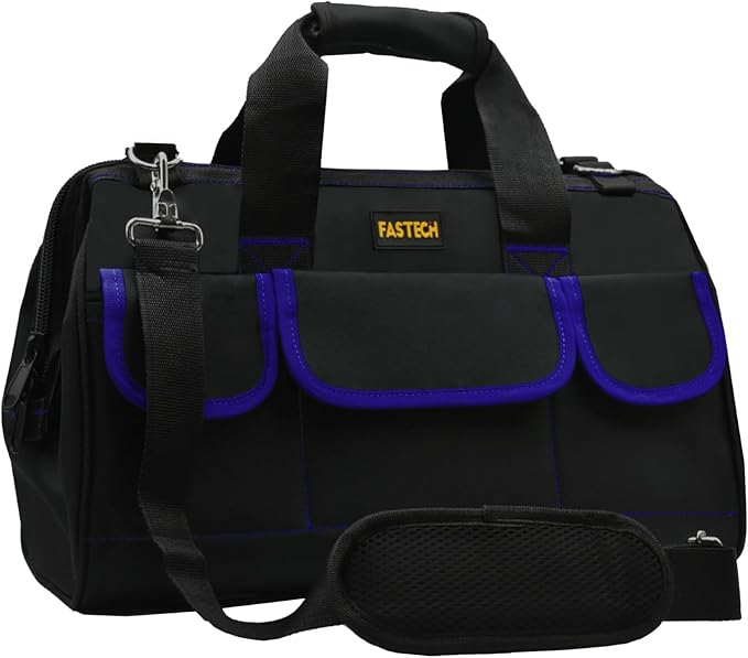 FASTECH 22 Inch Tools Bag, Waterproof Wide Mouth Tool Kit, Tools Big Bag, Heavy Duty Tool Tote Organizer With Adjustable Shoulder Strap For Men/Women (22IN Blue)