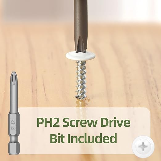 #8 x 2 (60 PCS) Modified Truss Head Wood Screws, Phillips Drive Quick Metal Self Tapping Screws, White Head, Full Thread, Screwdriver Bit Included