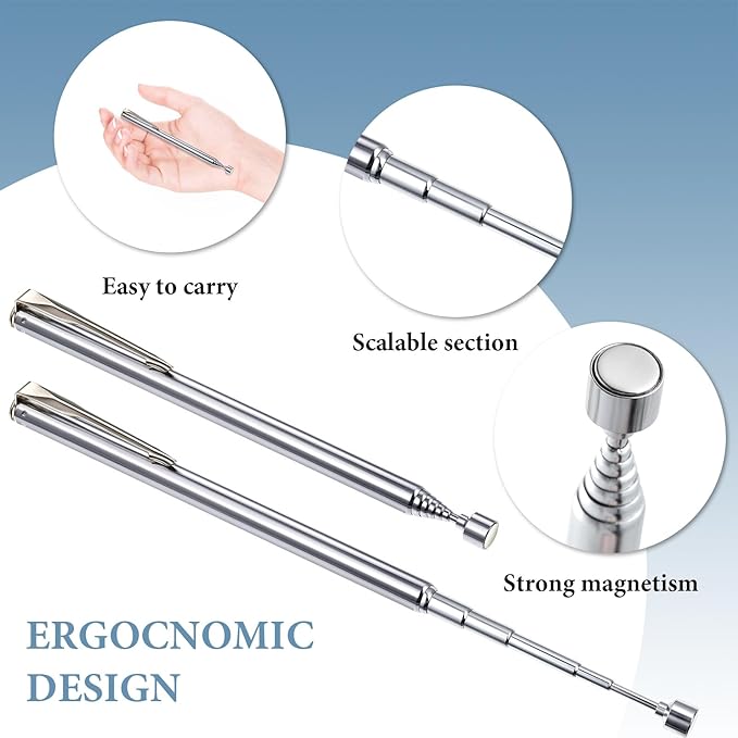 Patelai 2 Pieces Telescoping Magnetic Pick up Tool Grabbers Reacher Tools with Pocket Clip 25 Inch Telescopic Retrieving Magnet Gift for Man, Father, Mechanic, Handyman, Husband (Silver)