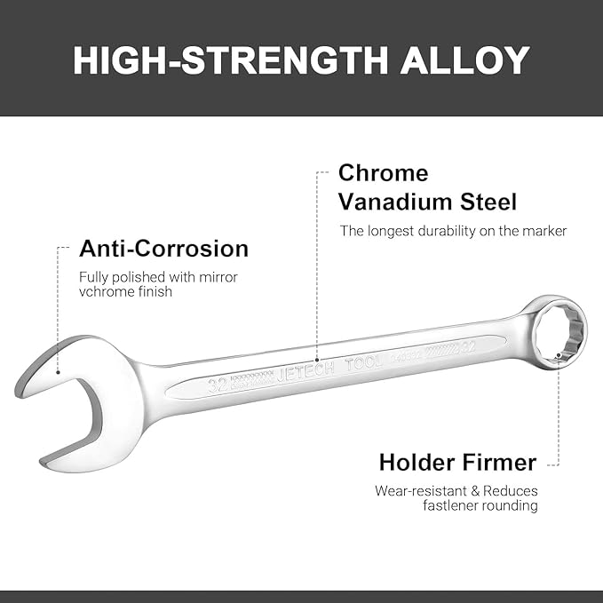 Jetech 32mm Combination Wrench - Industrial Grade, Chrome Vanadium Steel, Sand Blasted Finish, Precision-Machined 12-Point Opening, Off-Corners Design, 15-Degree Offset