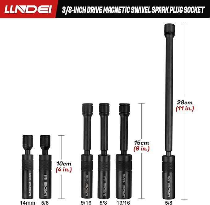 LLNDEI 3/8-Inch Drive Magnetic Swivel Spark Plug Socket Set, Include 12-Point: 14MM 4-inch, 5/8-inch 4-inch, 9/16-inch 6-inch, 5/8-inch 6-inch, 13/16-inch 6-inch and 5/8-inch 11-inch