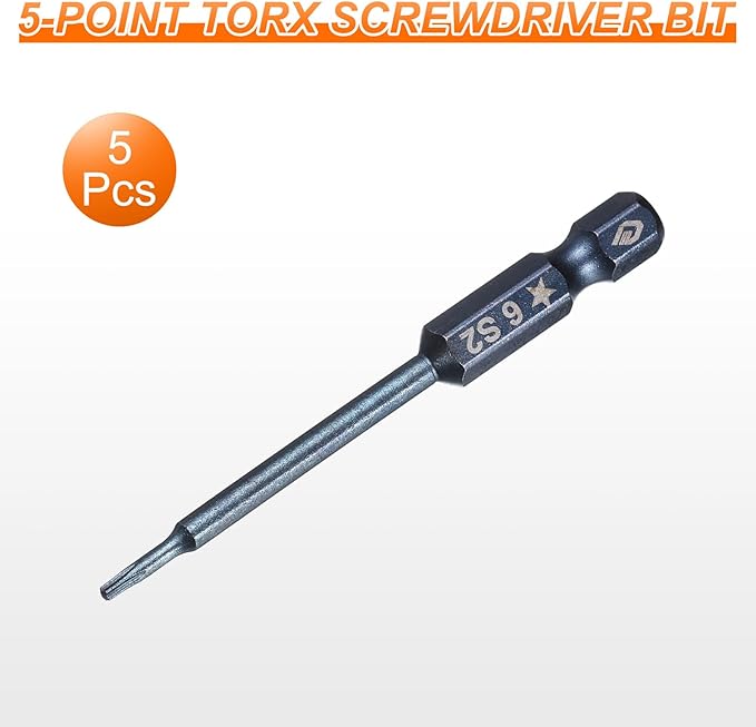 HARFINGTON 5pcs 5-Point Torx Screwdriver Bit 1/4" Hex Shank 6mm Magnetic Head 2.6" Length S2 Steel Pentagon Star Screw Driver Bit for Repair Work Electric Screwdriver, Blue
