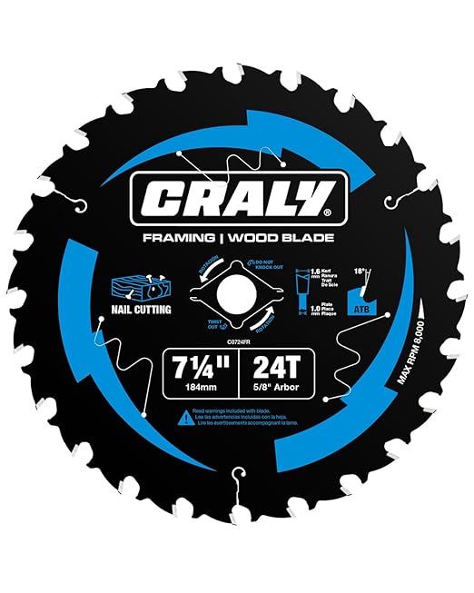 CRALY 7-1/4 Inch 24 Teeth Wood Cutting Framing Circular Saw Blade, 5/8 Inch Arbor, Carbide Tipped, Thin Kerf, Black Ice™ Coating, for Plywood, MDF, OSB, Laminated(C0724FR)