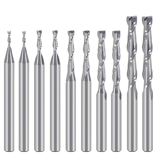 HOZLY CNC Router Bits Set 1/8" Shank, Two Flutes Upcut Spiral (CED: 1mm 1.5mm 2.0mm 2.5mm 3.175mm), Carbide End Mill for PVC Wood Carving Engraving MDF Cutting, 10 PCS