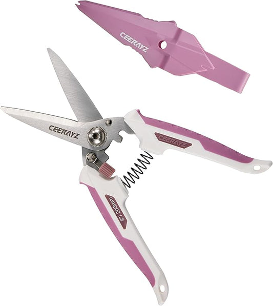 8" Scissors All Purpose, Heavy Duty, Multipurpose, for DIY Projects, Office, Production Lines, Pruning, with Protective Sheath (White/Pink)