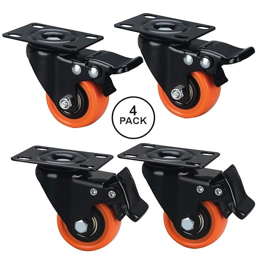 2" Caster Wheels, Casters Set of 4 Heavy Duty - ASRINIEY Orange PU Castors, Top Plate Swivel Wheels, 4-Pack Industrial Casters with Brake, Locking Caster for Furniture and Workbench