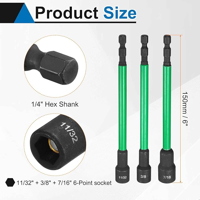 HARFINGTON 3pcs Nut Driver Drill Bit 11/32+3/8+7/16 Inch SAE Socket 1/4" Hex Shank 6" (150mm) Extra Long Magnetic 6-Point Sockets Quick Change CR-V Steel Bolt Setters for Power Drill Drivers