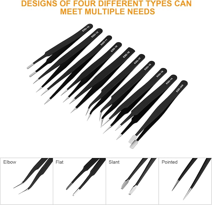 Ainiv Precision Tweezers Set, 11PCS Anti-Static ESD Tweezers Set, Non-Magnetic Stainless Steel Curved Tweezers Set for Modeling, Electronic, Handicraft, Laboratory, Jewelry, Beauty Eyebrow Eyelash etc