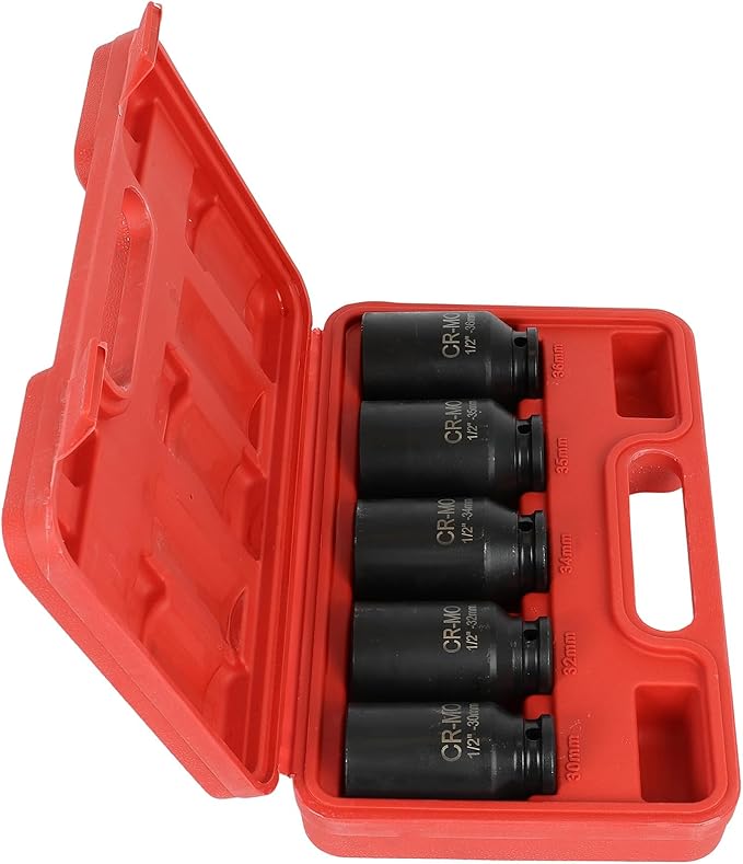 SCITOO 1/2 5PCS Drive Deep Impact Axle Hub Socket Set,Axle Nut Hub Impact,12 Point,30mm-36mm(30mm,32mm,34mm,35mm,36mm)