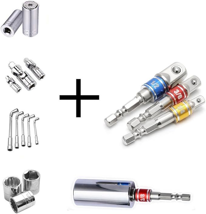 3-Piece Socket Adapter Extension Set, 1/4, 3/8, 1/2 Inch Hex Shank, Impact Grade, Power Drill to Socket Converter
