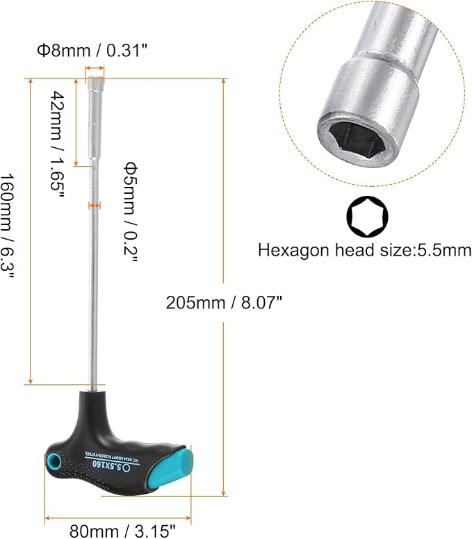 HARFINGTON T-Handle Metric Nut Driver 5.5mm Dia 160mm Shank 6 Point Hex Socket Screwdriver with Non-Slip Handle for Tightening and Loosening Fasteners