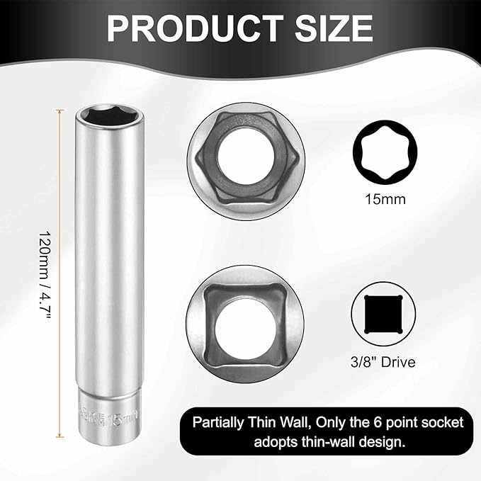 HARFINGTON 6 Points Deep Socket 3/8" Drive 15mm Deep Metric CR-V Steel Polished Nickel Plating Flip Sleeve 120mm / 4.7" Extra Long Socket Tool for Home Auto Nuts Bolts Repair