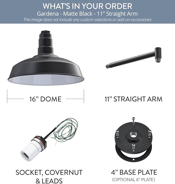 Steel Lighting Co. | Dusk to Dawn | Gardena Barn Light | Outdoor Wall Mounted | 16" Dome | 11" Straight Arm | Farmhouse Light Made in America | Matte Black Exterior/White Interior