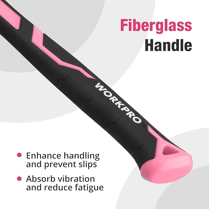 WORKPRO 16 oz Claw Hammer with Fiberglass Handle, All Purpose Hammer with Forged Hardened Steel Head, Pink Ribbon