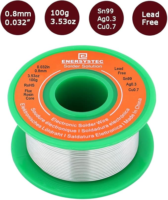 Lead-Free Solder Wire Thin 0.8mm 100g Electronics Soldering Rosin Flux Core Fine Gauge 0.032in Diameter Electrical Solder Unlead No Lead RoHS Sn99 Ag0.3 Cu0.7 Flow Well Soldering Wire