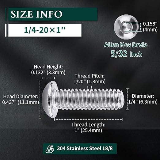 1/4-20 x 1 Button Head Socket Cap Bolts Screws, 304 Stainless Steel 18-8, Allen Hex Drive, Bright Finish, Fully Machine Thread, Pack of 25