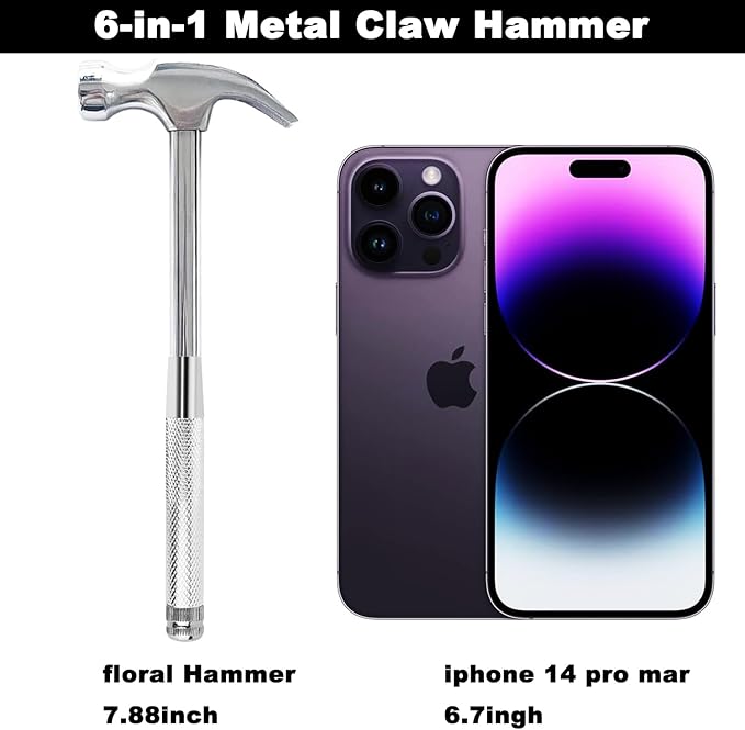 Multifunctional 6 in 1 Floral Hammer and Screwdriver Tool, Screwdriver Set with Multitool Hammers, Compact Screwdriver Set for Home（Silver)