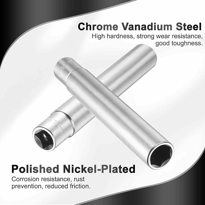 HARFINGTON 2pcs 6 Points Deep Socket 3/8" Drive 13mm Deep Metric CR-V Steel Polished Nickel Plating Flip Sleeve 120mm / 4.7" Extra Long Socket Tool for Home Auto Nuts Bolts Repair