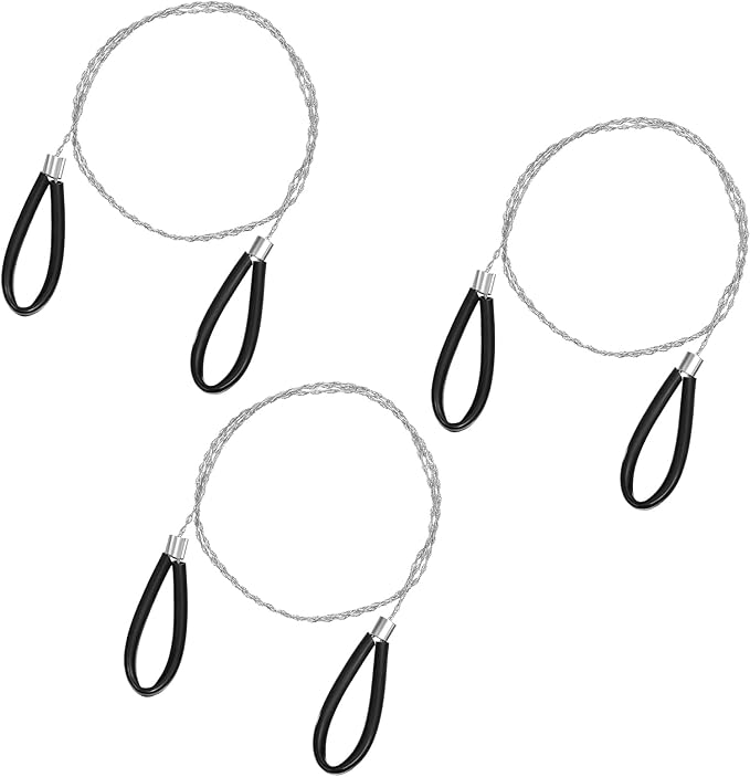 3 PCS Stainless Steel Cable Saw, Hand Pocket Metal Wire Saw PVC Pipe Cable Cutting Tool, Emergency Survival Portable String Coping Rope Saws for Wood Camping Hiking Hunting, Black, 27.6 In
