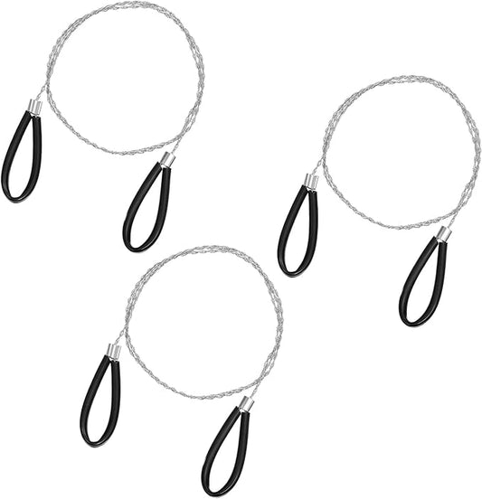 3 PCS Stainless Steel Cable Saw, Hand Pocket Metal Wire Saw PVC Pipe Cable Cutting Tool, Emergency Survival Portable String Coping Rope Saws for Wood Camping Hiking Hunting, Black, 27.6 In