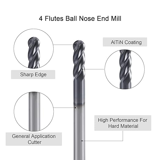 XYunEnZ ISB 4Flutes Carbide Ball Nose end Mill - Micro Grain Carbide End Mill for Alloy Steels/Hardened Steels(1,1/8)