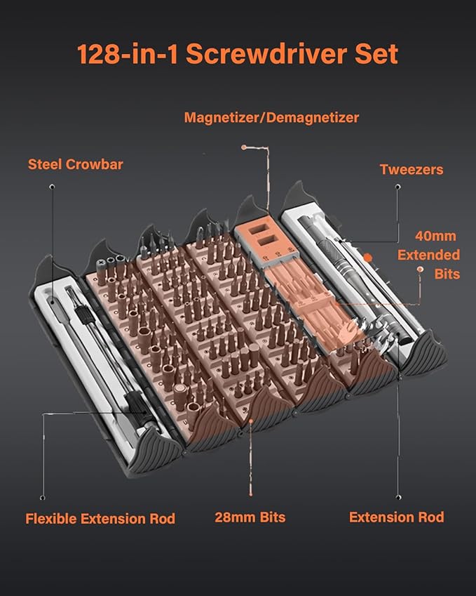 128 in 1 Precision Screwdriver Set, Professional Magnetic Repair Tool Kit with 122 Bits for Computer, PC, iPhone, Laptop, Game Console, Watch, Xbox, PS5, MacBook, Ring Doorbell