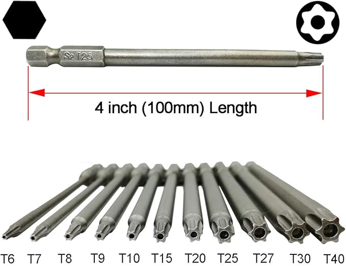 Long Torx Security Head Screwdriver Drill Set 1/4 Inch Hex Shank T6 T7 T8 T9 T10 T15 T20 T25 T27 T30 T40 11 Pieces 4 Inch Length S2 Steel Torx Screwdriver Bit Set (11pcs Torx Head 100mm)