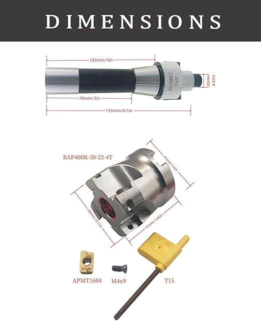 KinRite 2inch R8-FMB22 Face Mill Arbor with BAP400R 50-22-4T 50mm/1.9inch Face Milling Holder CNC End Mill Milling Shell Cutter with 10pcs APMT1604PDER Milling Carbide Inserts
