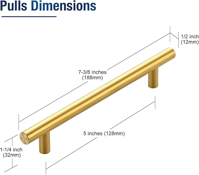 JOY DECOR 10 Pack 7-3/8 Inch Cabinet Pulls Kitchen Cabinet Handles with 5 Inch Hole Center Brushed Brass Cabinet Hardware Stainless Steel Kitchen Drawer Pulls for Cabinets Cupboard, 128mm Hole Centers