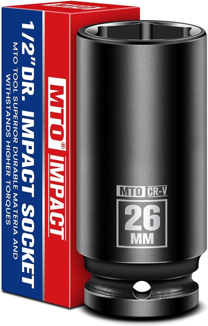 MTO 1/2" Drive 26mm Deep Impact Socket, 6-Point Metric Socket for Automotive Maintaince, CR-V Steel Meets ANSI Standards