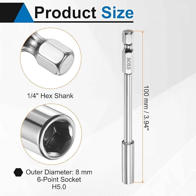 HARFINGTON 3pcs Nut Driver Drill Bit 5mm Metric Socket 1/4" Hex Shank 3.94" (100mm) Long 6-Point Socket Quick Change CR-V Steel Bolt Setters for Power Drill Driver