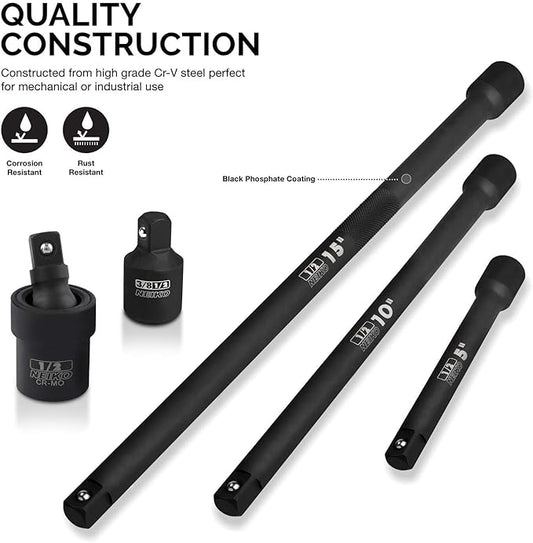 Neiko 00256A 1/2-Inch Drive Impact Extension Bar and Adapter Set, 5-Piece | Includes 5, 10, 15-Inch Extension Bars, Universal Joint, and Reducer