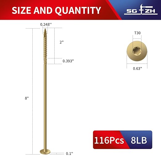 #14 x 8 Inch Outdoor Structural Wood Deck Screws (116Pcs/8lb), Carbon Steel, Tan, Flat Head, Rust Resistant Epoxy Coated, T30 Star Bit