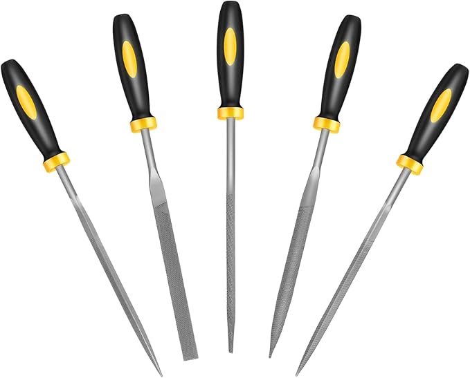 Mini Metal Needle File Set, 5pcs, Small Hand Files Set for Detail and Precise Work, Hardened Alloy Strength Steel File Tools Includes Round, Bi Half-Round, Flat, Square, Triangular File