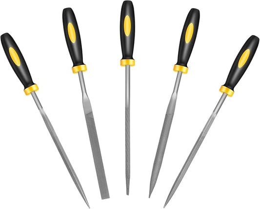 Mini Metal Needle File Set, 5pcs, Small Hand Files Set for Detail and Precise Work, Hardened Alloy Strength Steel File Tools Includes Round, Bi Half-Round, Flat, Square, Triangular File
