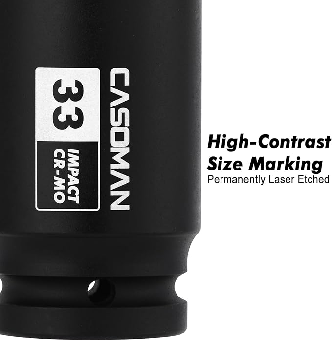 CASOMAN 3/4" Drive 33 mm Axle Nut Impact Socket, CR-MO, 6 Point Deep Impact Socket (33MM) for Easy Removal of Axle Shaft Nuts