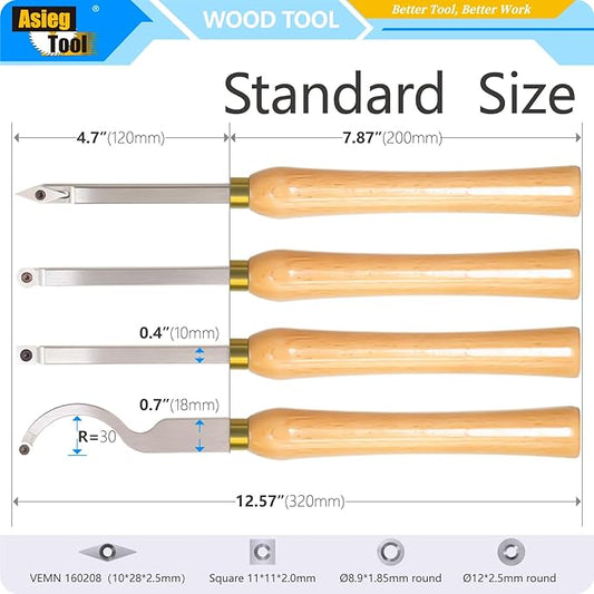 4pcs Mini Carbide Tipped Wood Lathe Turning tools Combo set Rougher Detailer Finisher Hollower with Wood Handle and Diamond Round Square Carbide Inserts