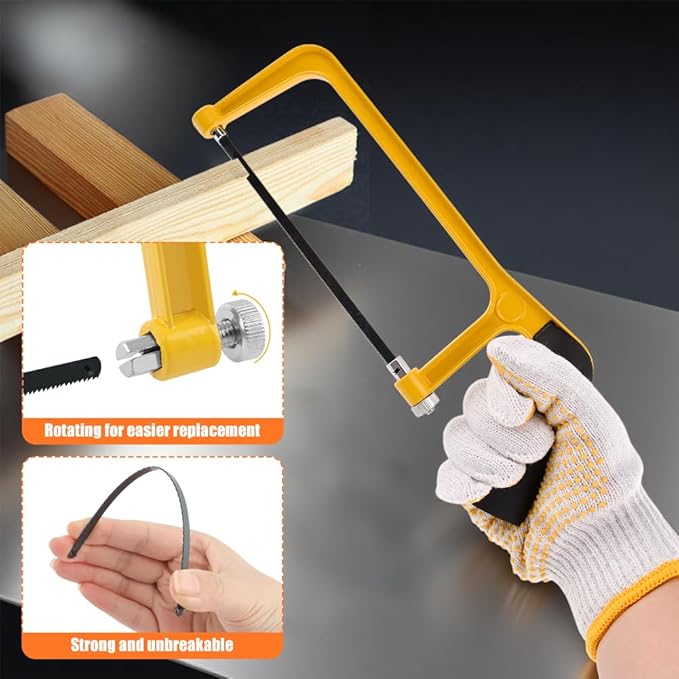 Mini Metal Mitre Box and Saw Set, 6 Inch Extra Fine Cut Hand Saw with 2 Hacksaw Replacement Blades & Gloves for Crafts, Hobby Projects, Cutting Wood, Soft Metal(COLOR:Yellow)