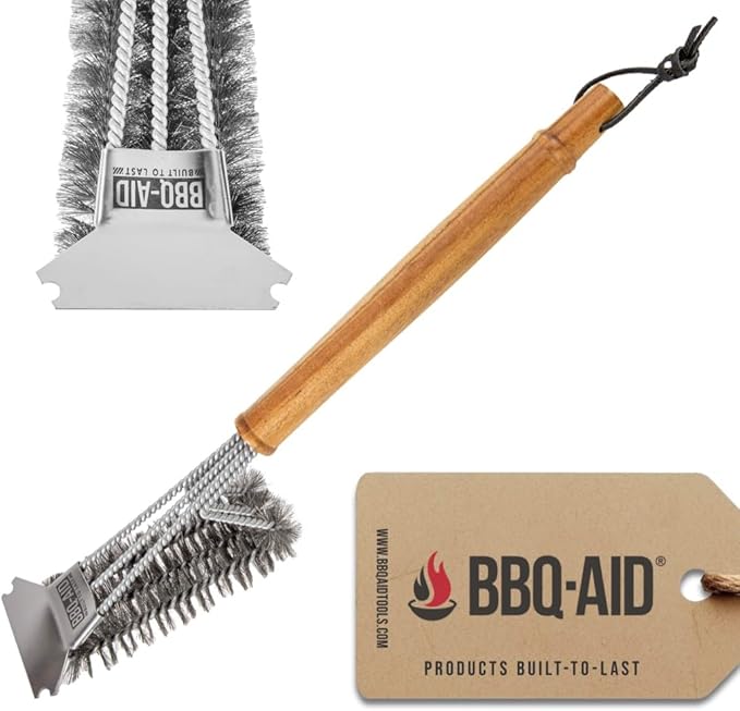 BBQ-AID All Angles BBQ Grill Brush for Outdoor Grill ??Cleans All Angles, Large Wooden Handle, and Stainless Steel Bristles - BBQ Brush for Grill Cleaning ??Grill Cleaner Brush Safe for BBQ and Grill