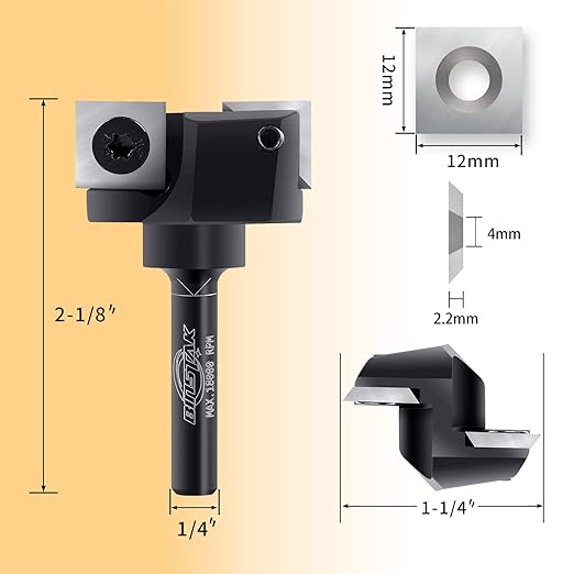 CNC Spoilboard Surfacing Router Bit, 1/4" Shank 1-1/4" Cutting Diameter, Carbide Insert Slab Flattening Router Bits Planing Bit