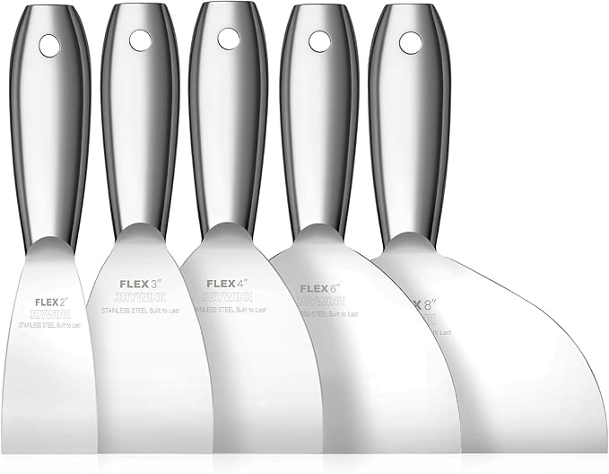 Putty Knife Set, 5Pcs 2",3",4",6",8" One Piece Putty Knives for Spackling, Drywall, Paint, and Wallpaper Removal, Premium Polished All-Metal Stainless Steel Putty Knife for Smooth Finish