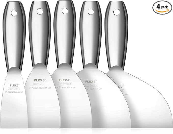 Putty Knife Set, 4Pcs 2",3",4",6" One Piece Putty Knives for Spackling, Drywall, Paint, and Wallpaper Removal, Premium Polished All-Metal Stainless Steel Putty Knife for Smooth Finish